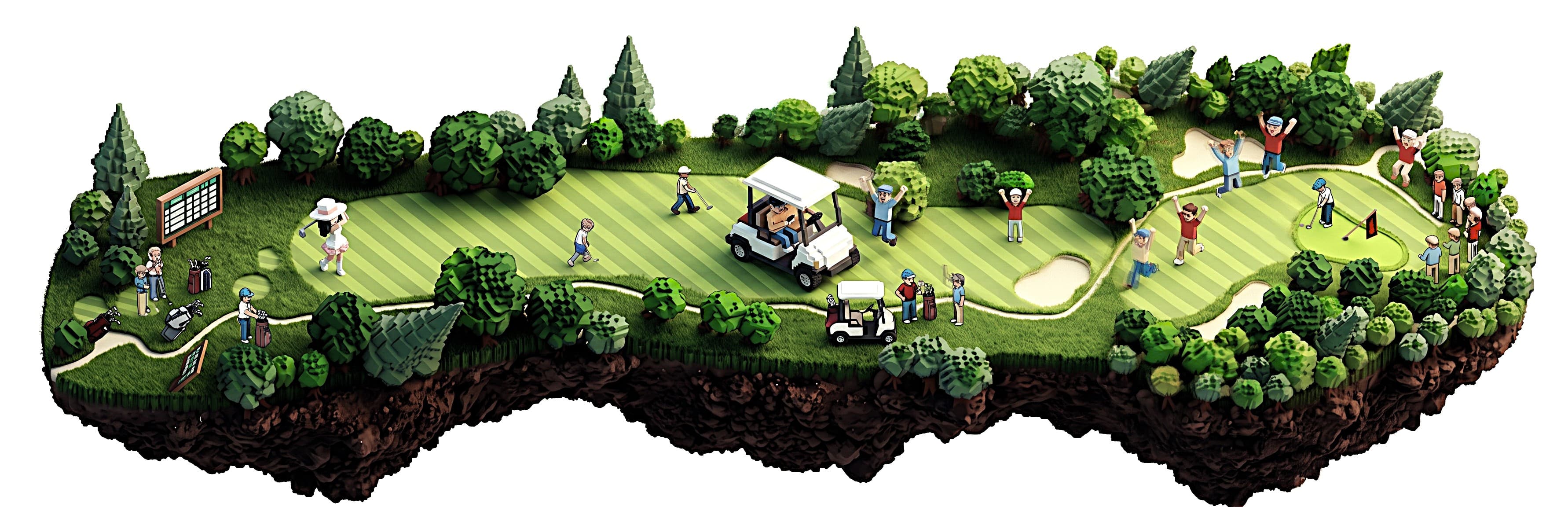Illustrated golf course on a floating island, with players teeing off, riding carts, and celebrating on the green